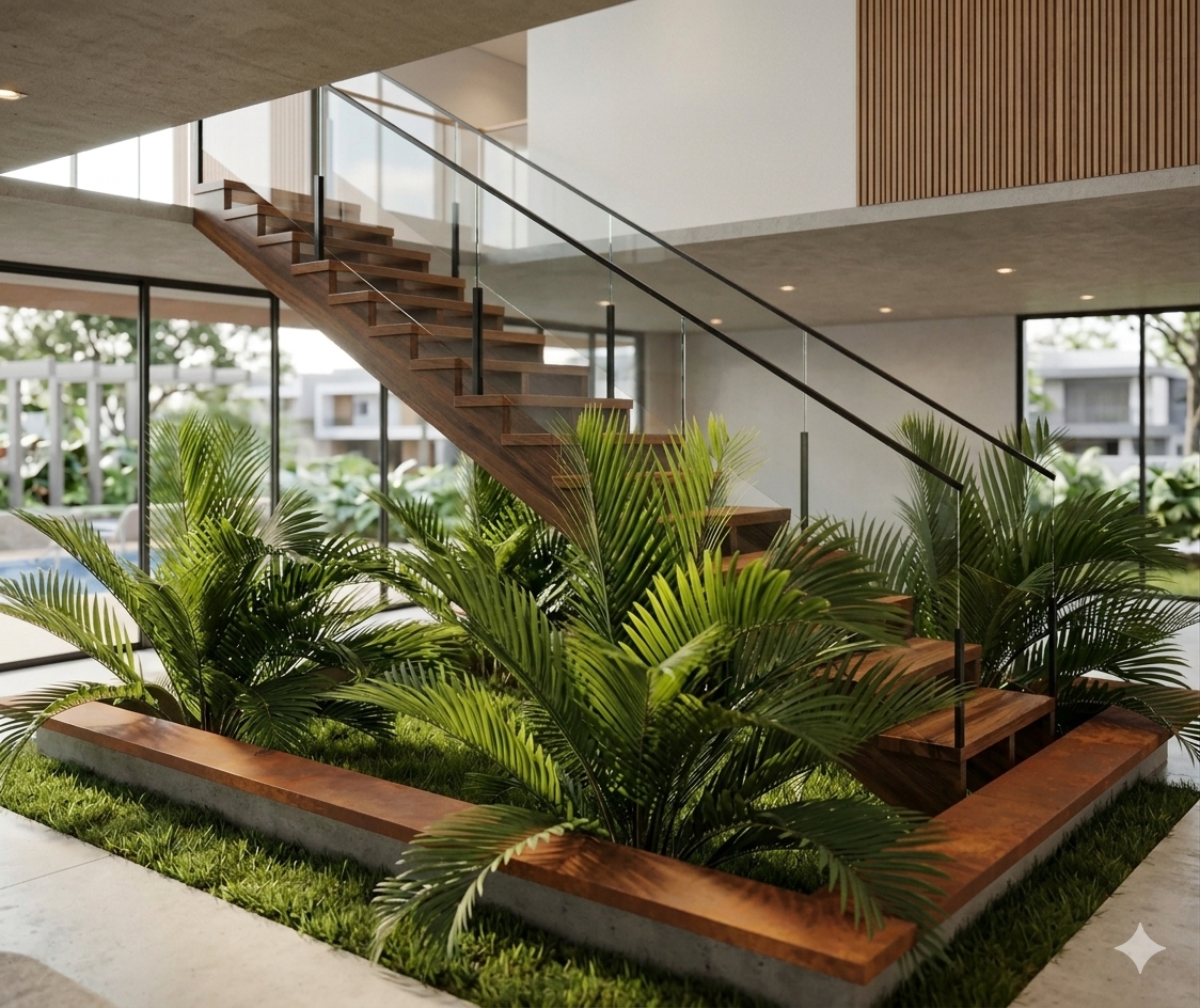 Casa das Águas — escada e jardim interno