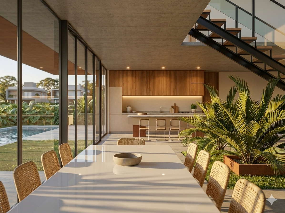 Casa das Águas — jantar e cozinha com piscina ao fundo
