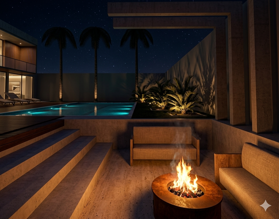 Casa das Águas — fire pit à noite